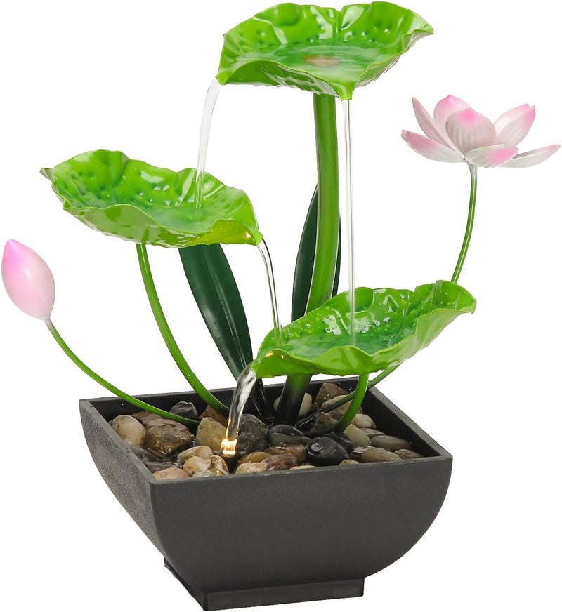 YOQUATE Water Fountain Indoor Waterfall Fountain 3-Tier Tabletop Fountain Lotus Desk Relaxation Home Decor Including Lots of Rocks and Soothing Sound Machine (Green 2) - Image 1
